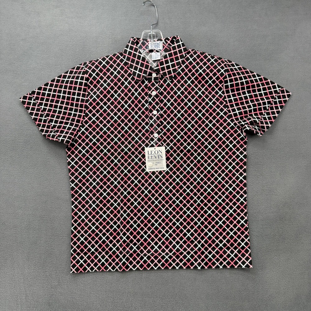 Leon Levin Polo Shirt Womens Petite Medium Pink Black Diamond Grid NWT